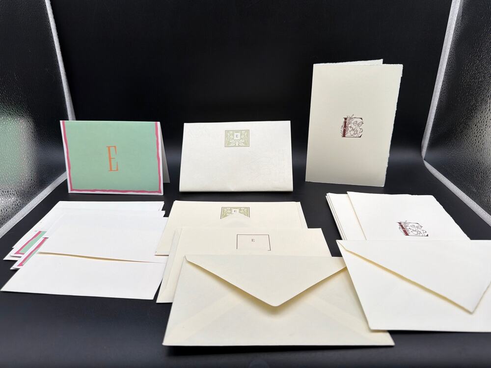 Vintage Monogram E Stationery Lot 13 Cards Envelopes Deckle Edge Cupid Cherub